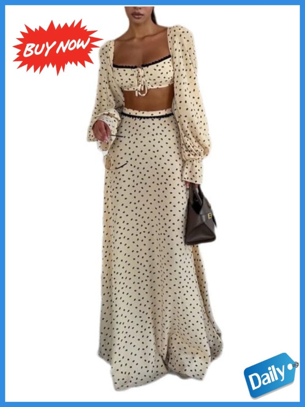 Boho Two Piece Polka Dot Crop Top Maxi Skirt Set with Shrug